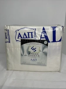 Alpha Delta Pi Sorority Greek Queen Sheet Set White Blue SpellOut New RARE - Picture 1 of 6