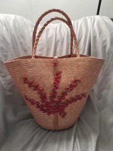 Straw Tote with Red 3D Flowers Double Handle Summer Beach - Picture 1 of 7