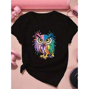 100% Cotton Women's Oversized Colorful Owl Print Casual T-Shirt - Picture 1 of 12