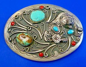 Nativo Americano Indio Navajo Oso Pluma Turquesa Coral Piedra De Colección Hebilla de Cinturón - Imagen 1 de 20