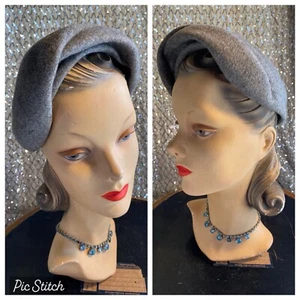 40s 50s VTG Gray Wool Felt Small Emily In Paris Beret Women’s Hat “Sandswept” - Picture 1 of 9