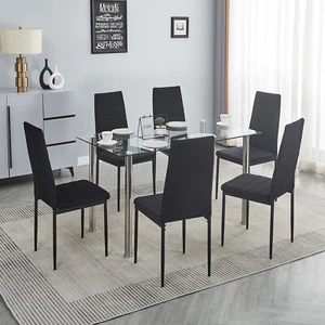 51" Clear Tempered Glass Dining Table&6pcs Black Faux Leather Dining Chairs Set - Picture 1 of 10