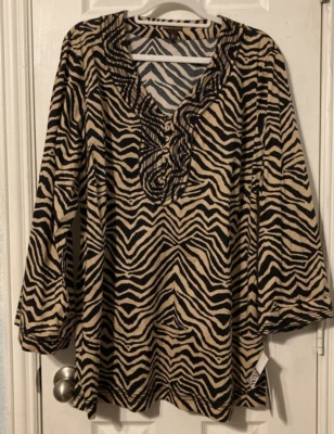 Dana Buchman Black/Taupe Exotic Retreat Cotton Blend Tunic Size XL NWT - Image 1 of 4