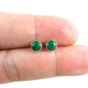 Green Malachite Minimalist 5mm Stud Earrings in 925 Sterling Silver - Picture 1 of 6