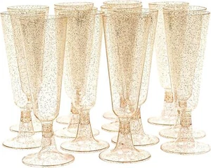 100 elegantes copas de champán de plástico flautas con brillo dorado para fiestas - Imagen 1 de 9