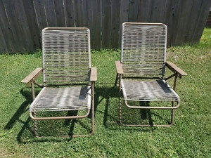 2 Vintage TELESCOPE?? VINYL TUBE Folding Reclining Patio Beach CHAIRS - Picture 1 of 12