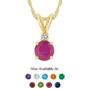 14K Yellow Gold 5mm Round Genuine Natural Ruby Diamond Accent Pendant Necklace - Picture 1 of 4