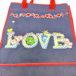 Borsa tote tela denim vintage anni 80 blu navy/rosso cura orsi LOVE - Foto 1 di 4