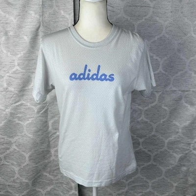 Vintage Adidas Women's Grey Mesh Logo T-Shirt Size XL Blue Script Logo - Image 1 of 4