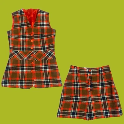 Vintage 60s 70s 2 Piece Mini Skirt And Vest Plaid Set  XS - Image 1 of 4
