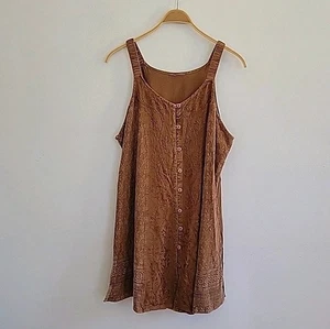 Vintage Y2K Embroidered Floral Mini Dress Brown Sleeveless Button Front Hippie - Picture 1 of 11