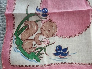 Vintage Children's Cotton Handkerchief Hanky Squirrel Chipmunk And Birds 7.25" - Picture 1 of 4