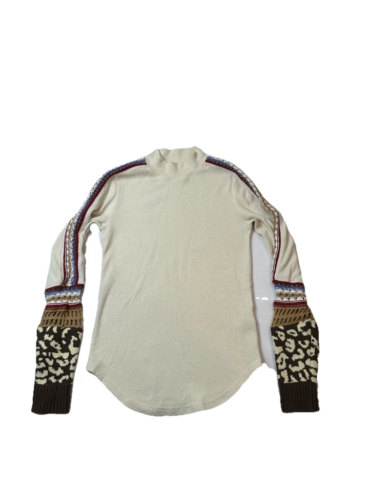 Free People Thermal Top Womens S Ivory Waffle Knit Embroidered Boho Pullover - Image 1 of 4
