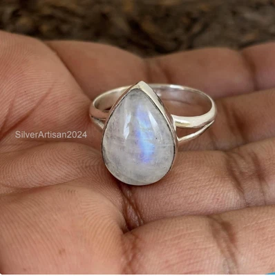 Anillo de piedra lunar arco iris pera: joyería de piedras preciosas boho de plata esterlina todos los tamaños Foto 1 de 4