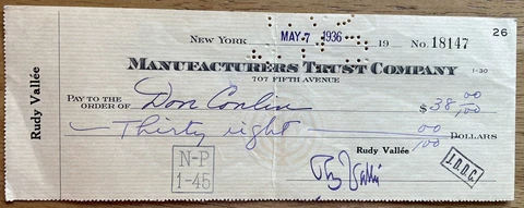 Entertainer Rudy Vallee Autographed Check (Document Check) Cover