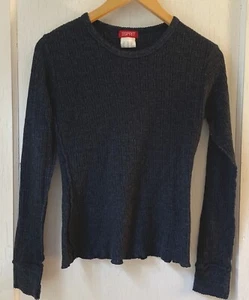 Vintage 90s Y2k Women's Esprit Long Sleeve Blue Fitted Stretch Top Raw Hem - Picture 1 of 8