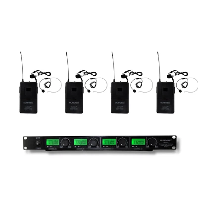 MUSYSIC 4 Channel UHF Lapel / Lavalier & Headset Wireless Microphone System UHF - Image 1 of 4