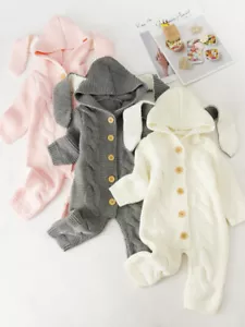 Newborn Baby Boy Girl Romper Jumpsuit Outfit Knitted Hooded Sweater Clothes - Picture 1 of 15