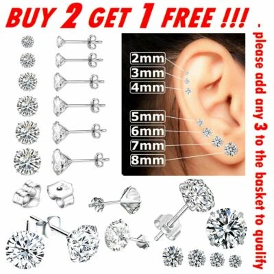 New 925 Sterling Silver Stud Earrings Cubic Zirconia Women Pack Backs Small Sets - Image 1 of 4