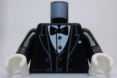 Lego Torso Tuxedo Jacket Open Dark Bluish Gray Outlined Lapels Vest Bow Tie - Image 1 of 2