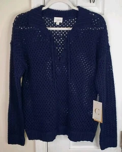 Cyrus NYC Blue Open Knit Crochet Ribbed Long Sleeve Sweater Sz Small Top V Neck - Picture 1 of 8