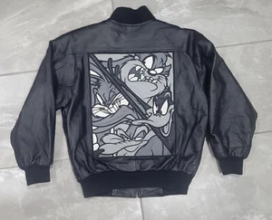 VTG LOONEY TUNES  Black Leather Jacket 1998 kids Size Medium  - Picture 1 of 11