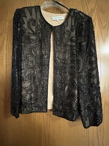 Vintage Cecily braune perlenschwarze Seidenjacke Gr. L - Bild 1 von 9