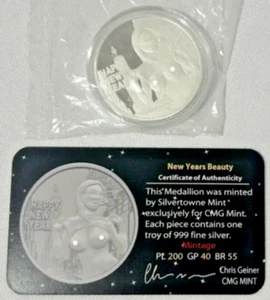 Arte redondo de plata fina CMG como nuevo 1 OZ .999 año nuevo belleza solo 250 acuñado con certificado de autenticidad - Imagen 1 de 4