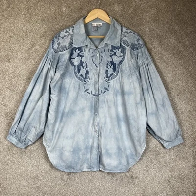 Camisa Together Vintage Mujer Grande Azul Cambray Botón Bordado - 3927 Foto 1 de 4