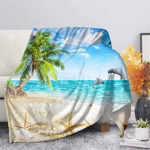 Seashell Starfish Tropical Palm Tree on Ocean Beach Throw Blanket,Soft Blanke... - Picture 1 of 5