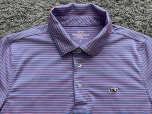 Vineyard Vines SANKATY Boys Size Large (16) Blue/Pink Striped Polo Preppy Golf - Picture 1 of 20