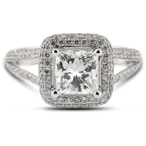 2 1/2ct H VS1 Princess Natural Certified Diamonds 18k Gold Halo Engagement Ring - Picture 1 of 10