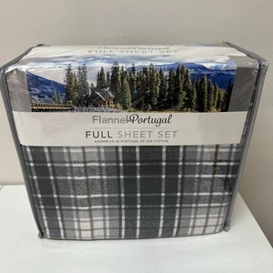 Flannel From Portugal 100% Cotton Full Size Sheet Set Blue Paid Winter Check NEW - Picture 1 of 11
