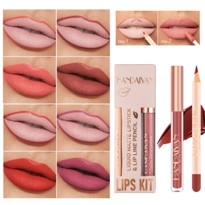 2Pcs Long Lasting Matte Lipgloss Lip Liner Pen Set Velvet Nude Liquid Lipsti - - Image 1 of 4