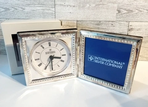 Silverplate Travel Clock and Frame Original Box International Silver Co WORKS Cover