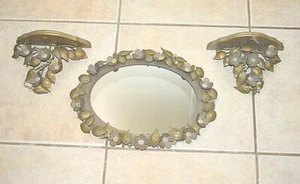 Espejo antiguo de hoja ovalada dorada PartyLite con 2 estantes/apelones a juego - Imagen 1 de 8