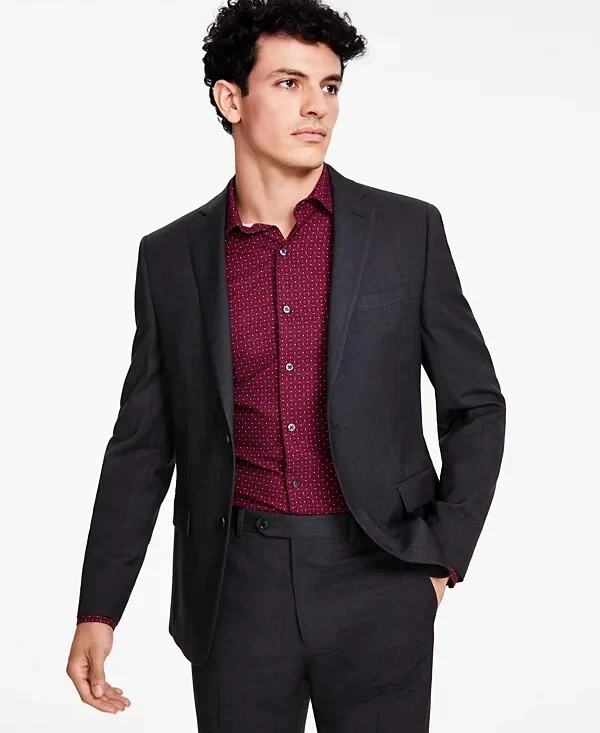 Chaqueta de traje Alfani para hombre ajustada a cuadros ventana, gris/borgoña, 44 REG Foto 1 de 1