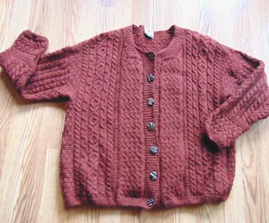 Carraig Donn I00 % Wool Cardigan Sweater Rust sz XL Ireland Cable Knit - Picture 1 of 13