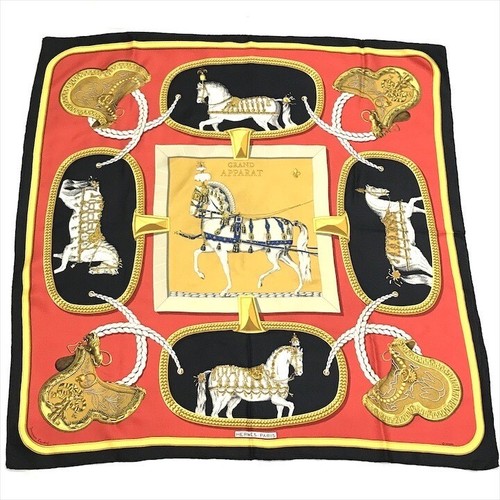 HERMÈS Hermes Sciarpa Grande Seta 100 Kale90 Vestito Cavallo Rosso Nero Donna K3515