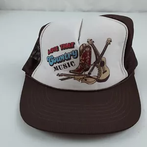 Vintage Trucker Cap Hat "Love That Country Music" Brown & White Snapback Mesh - Picture 1 of 10