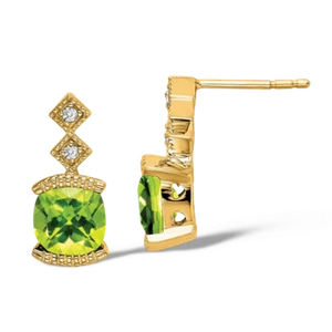 14K Solid Yellow Gold Peridot Diamond Dangle Earrings - Picture 1 of 4