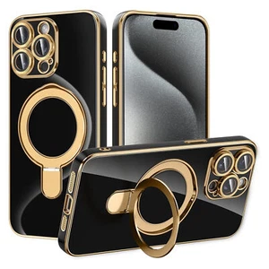 For iPhone 16 15 14 13 12 Pro Max Shockproof Plating PC Ring Stand Mag Safe Case - Picture 1 of 61