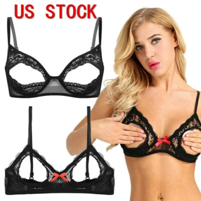 Women Sheer Lace Bra Sexy Open Cup Bralette Half Cup Shelf Bra Tops Lingerie - Image 1 of 2