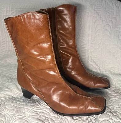 Botas Paul Green Para Mujer (Talla EE. UU.) Cuero Medio Pantorrilla Marrón Punta Cuadrada Y2K Foto 1 de 4