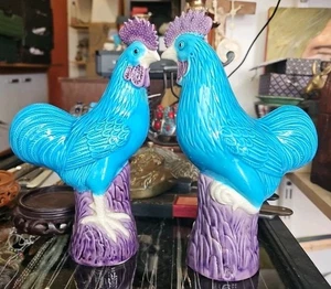 Pair vintage Chinese Turquoise Aubergine Purple Glazed Rooster Chicken - Picture 1 of 10