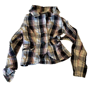 Last Kiss Jacket Womens Pink Woolen Plaid Tweed Lined Button Up Ruffled Hem - Picture 1 of 6