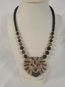 Vintage Lee Sands Perlmutt Löwenkopf Halskette mit Tigerauge/Onyx Perlen - Bild 1 von 5