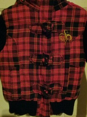 South Pole Girl's Pink-Black Plaid Faux Fur Hooded Quilted Sweater Jacket S 7-8 - Image 1 of 4