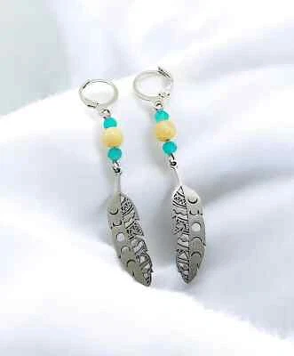 波西米亚羽毛宝石吊坠耳环,手工银色部落灵感珠宝首饰 — 第 1/4 张图片