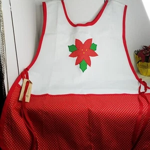 Delantal de Navidad vintage puntada menta flor de pascua hecho a mano lunares rojos NUEVO - Imagen 1 de 4